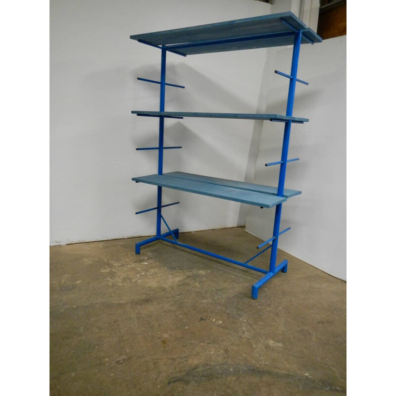 Blue iron vintage pottery display with 6 wooden shelves