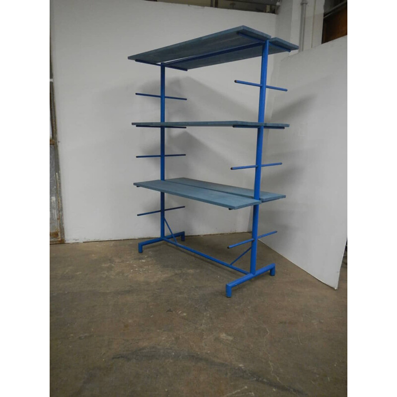 Blue iron vintage pottery display with 6 wooden shelves