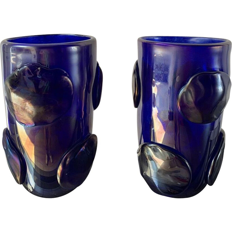 Pair of vintage blue vases with Murano glass pastilles by Costantini, 1990