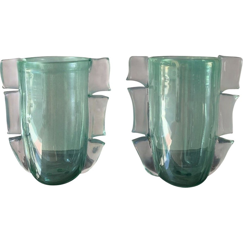 Paire de vases vintage verts en verre de Murano de Costantini, 1990