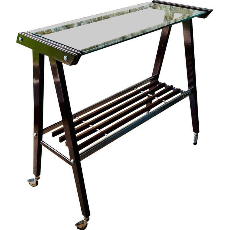 Vidro vintage e mesa lateral de metal escovado sobre rodízios por Zuenelli, 1960