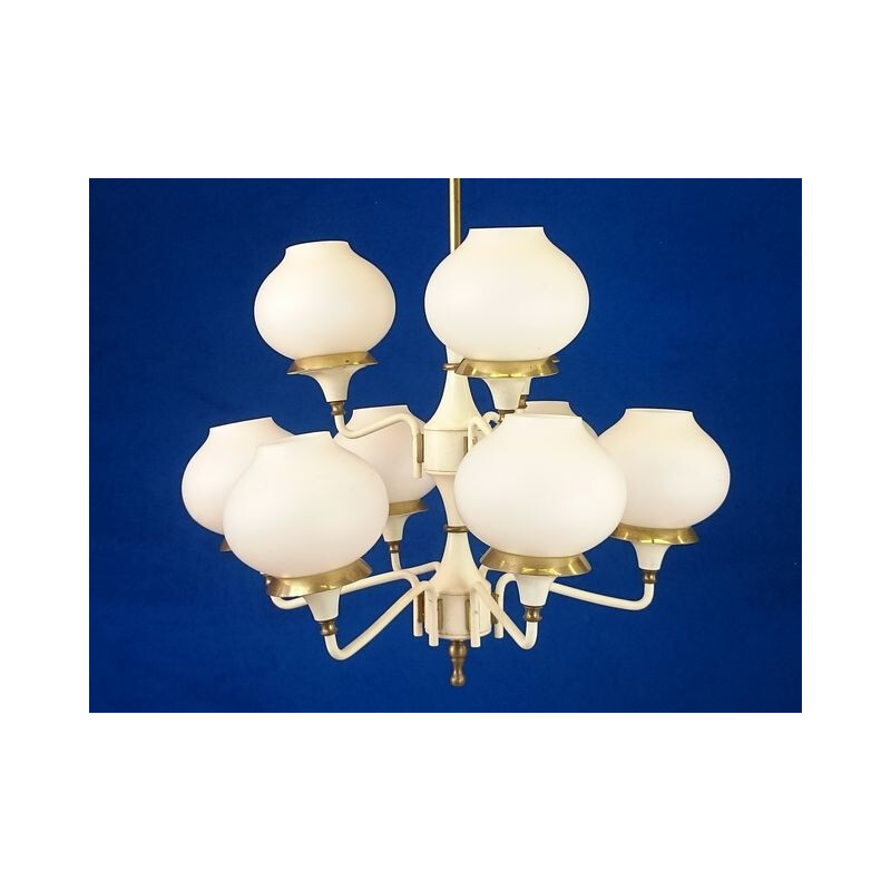 Mid-century chandelier in white lacquered metal and opaline - 1960s