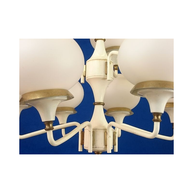 Mid-century chandelier in white lacquered metal and opaline - 1960s