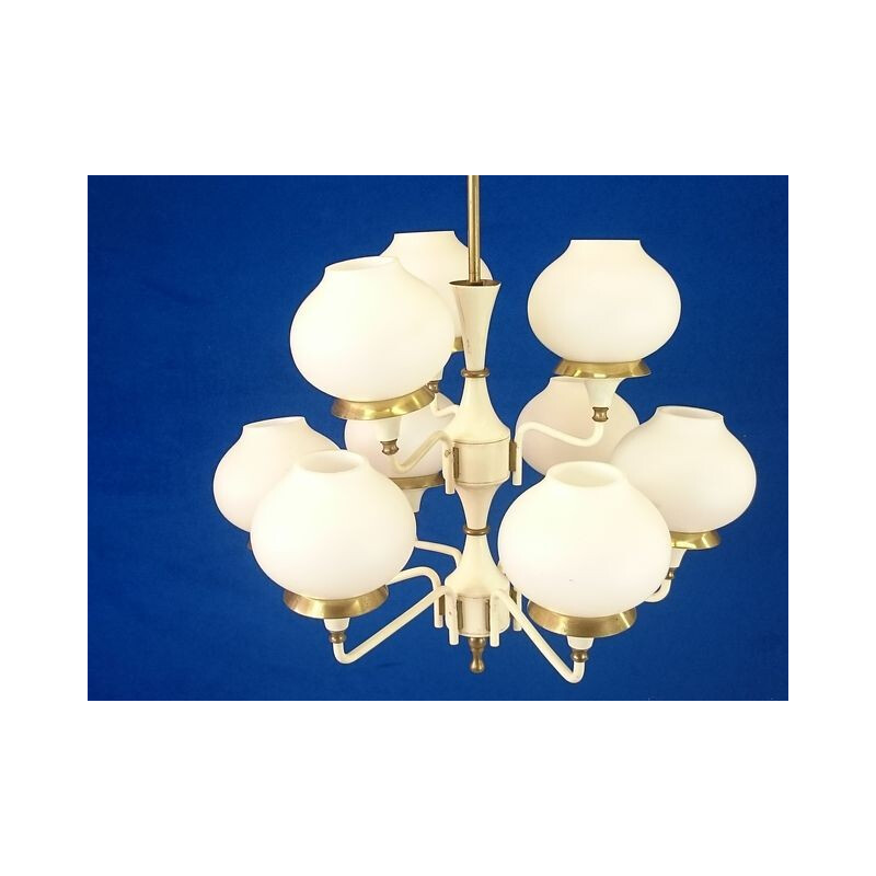 Mid-century chandelier in white lacquered metal and opaline - 1960s