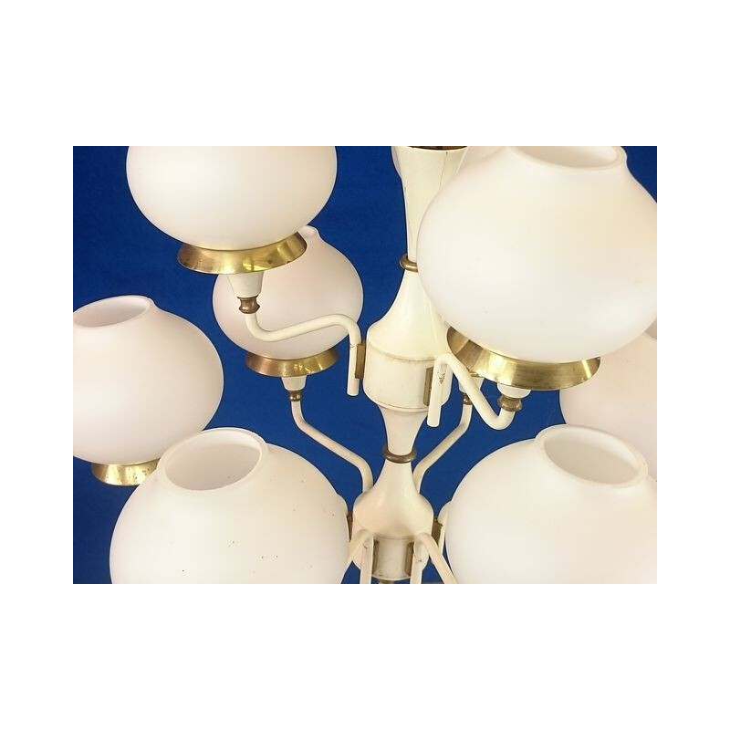 Mid-century chandelier in white lacquered metal and opaline - 1960s