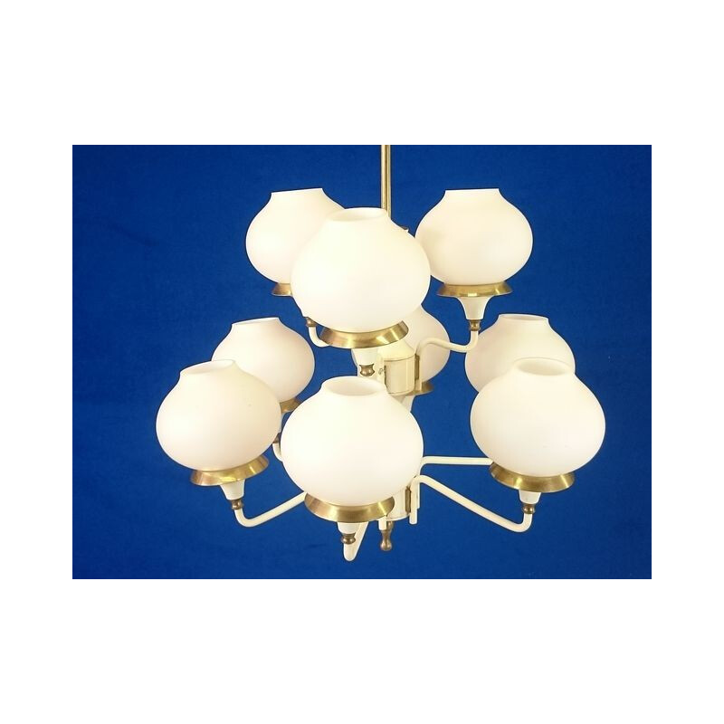 Mid-century chandelier in white lacquered metal and opaline - 1960s