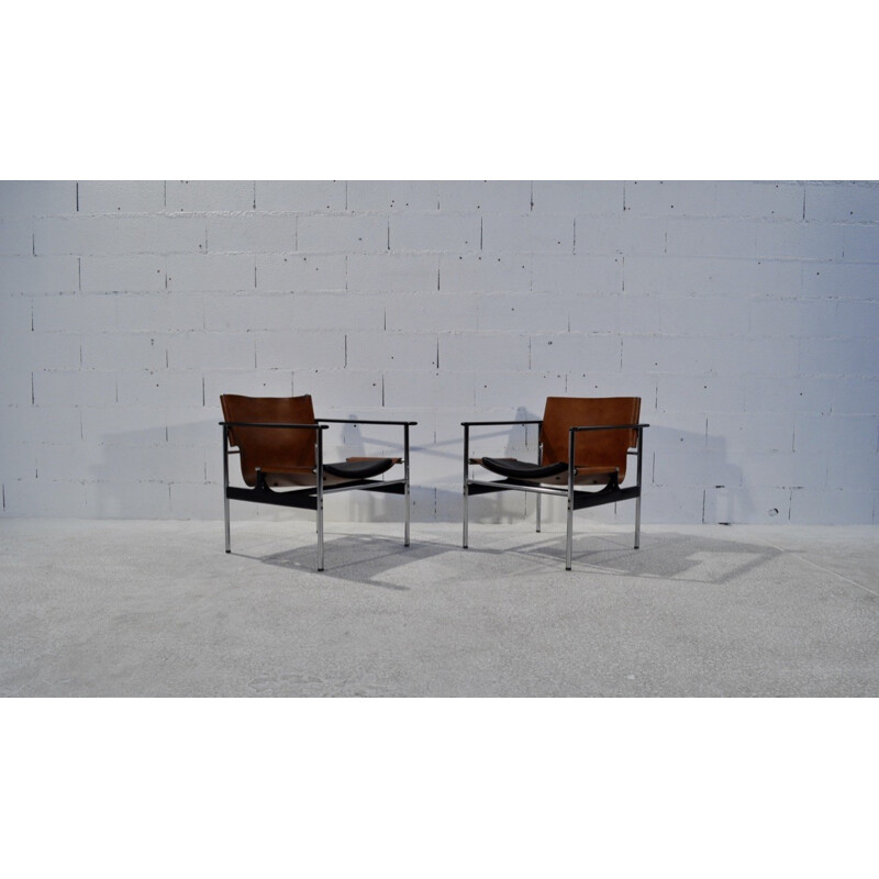 Pair of Knoll "Sling" armchairs in brown leather and steel, Charles POLLOCK - 1960s