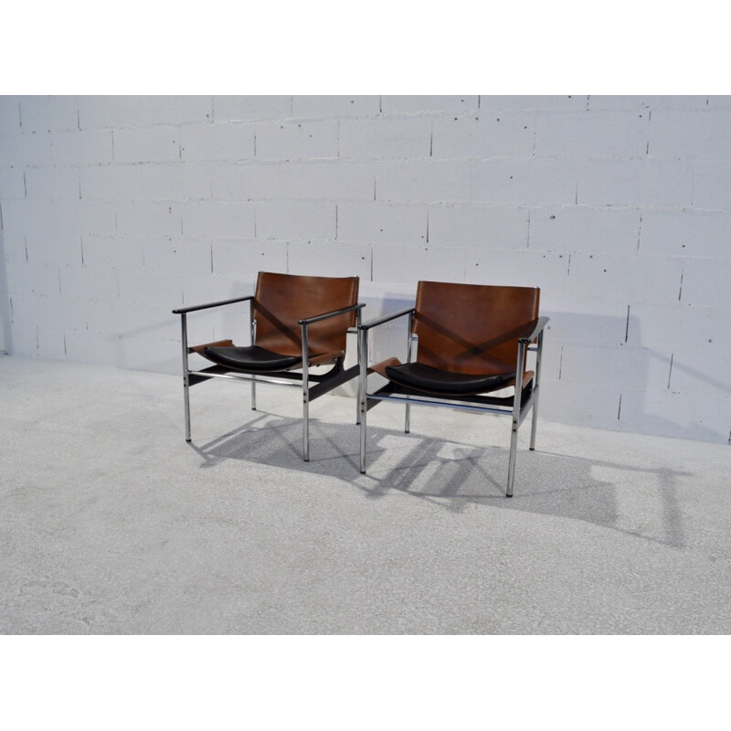Pair of Knoll "Sling" armchairs in brown leather and steel, Charles POLLOCK - 1960s