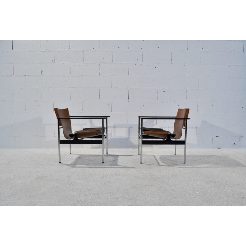 Pair of Knoll "Sling" armchairs in brown leather and steel, Charles POLLOCK - 1960s