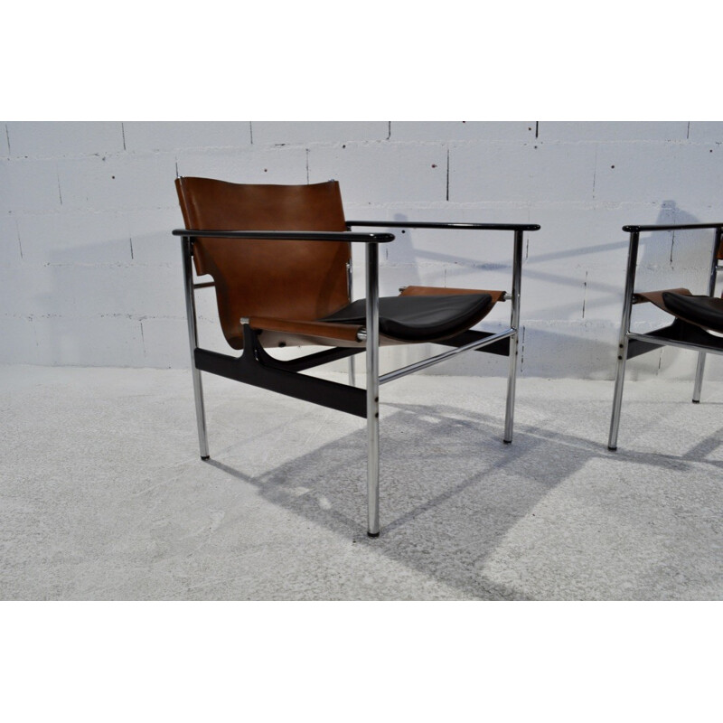 Pair of Knoll "Sling" armchairs in brown leather and steel, Charles POLLOCK - 1960s