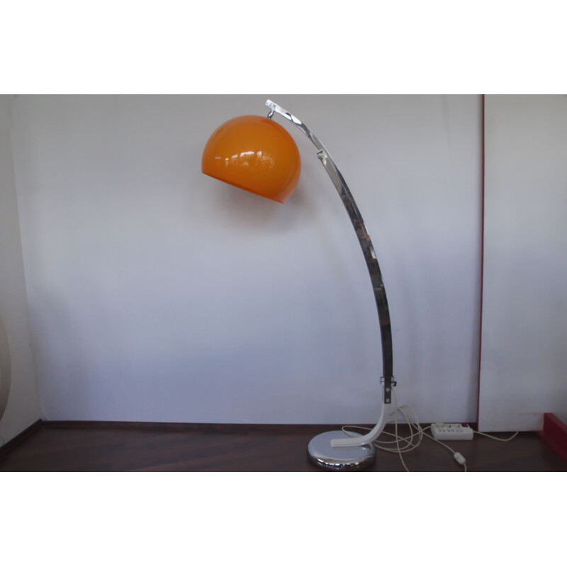 Mid century arch floor lamp with shade in orange, 1960s