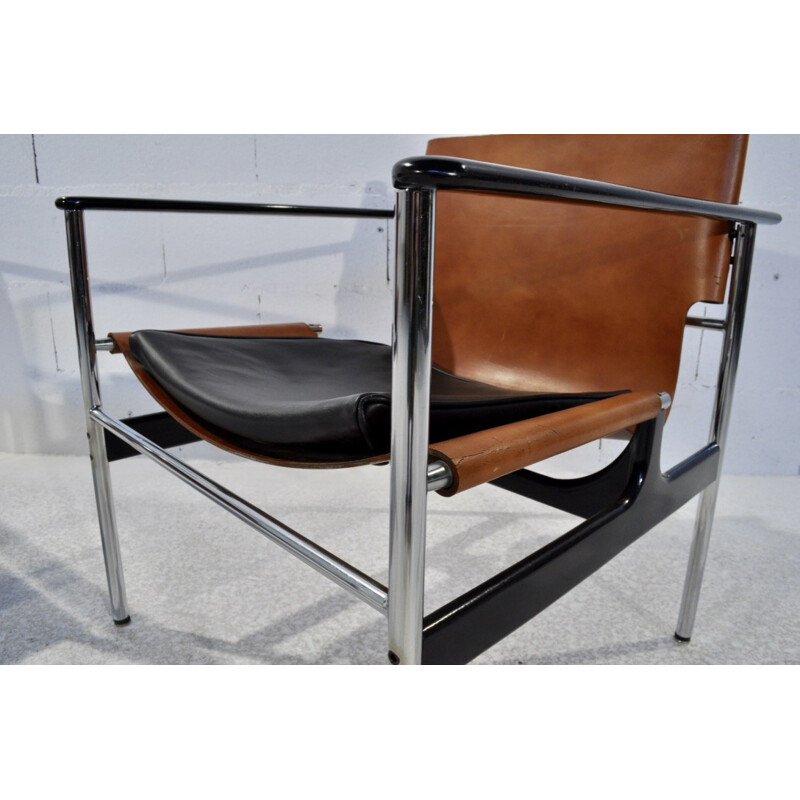 Pair of Knoll "Sling" armchairs in brown leather and steel, Charles POLLOCK - 1960s