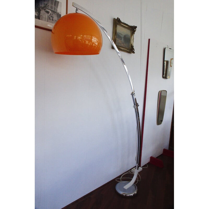 Mid century arch floor lamp with shade in orange, 1960s