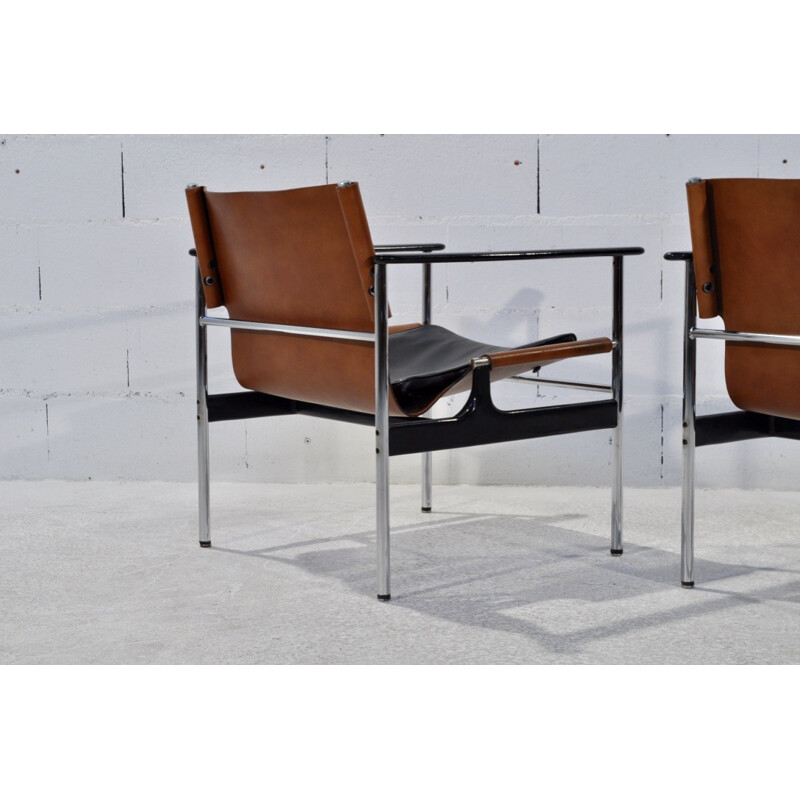 Pair of Knoll "Sling" armchairs in brown leather and steel, Charles POLLOCK - 1960s