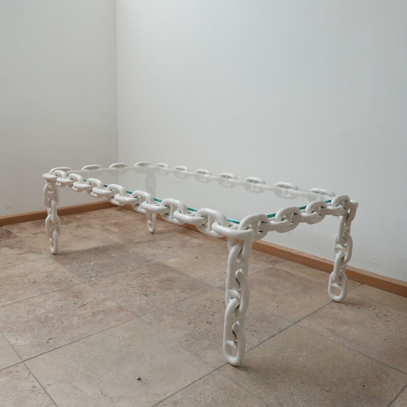 Vintage brutalist coffee table in chain and glass, Belgium 1970