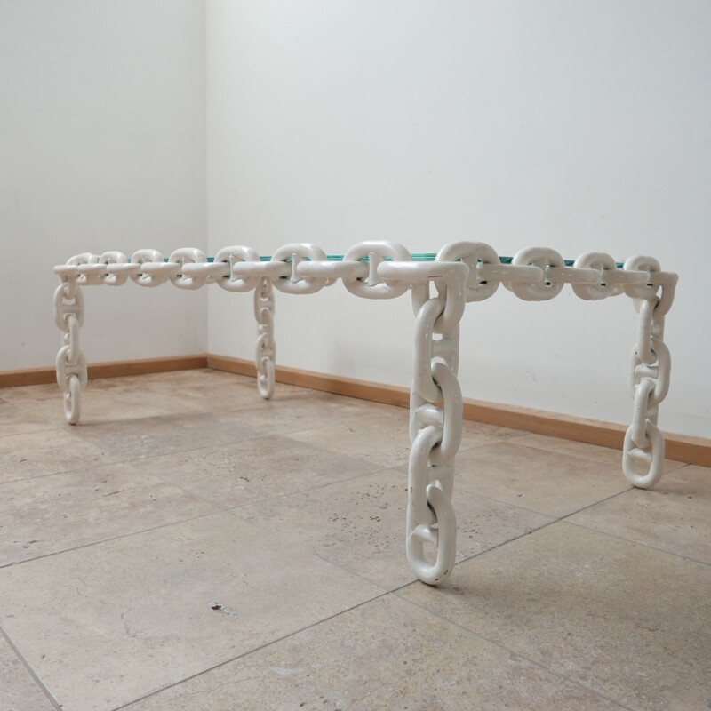Vintage brutalist coffee table in chain and glass, Belgium 1970