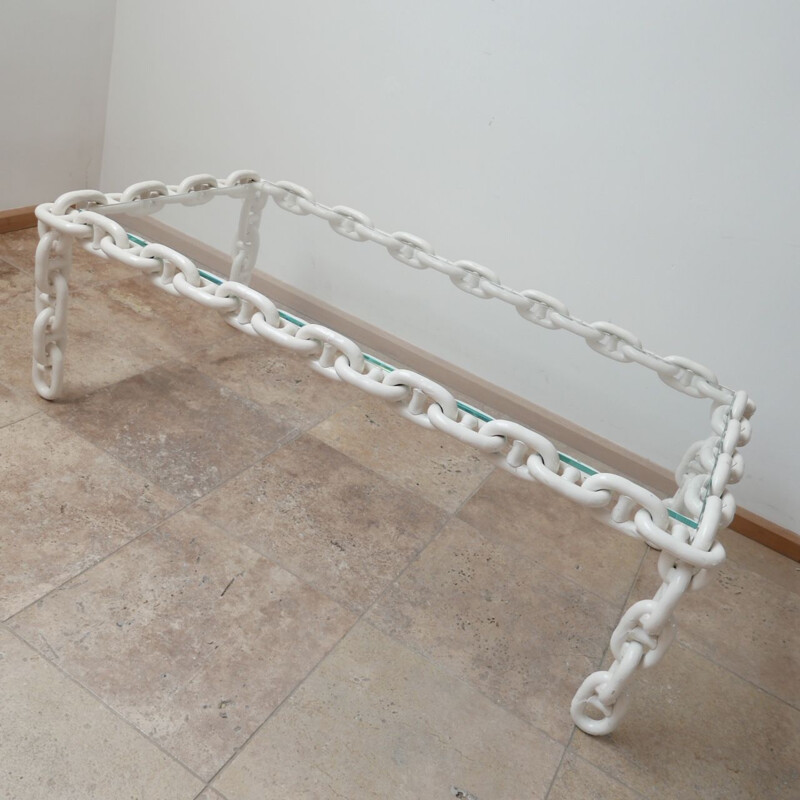 Vintage brutalist coffee table in chain and glass, Belgium 1970