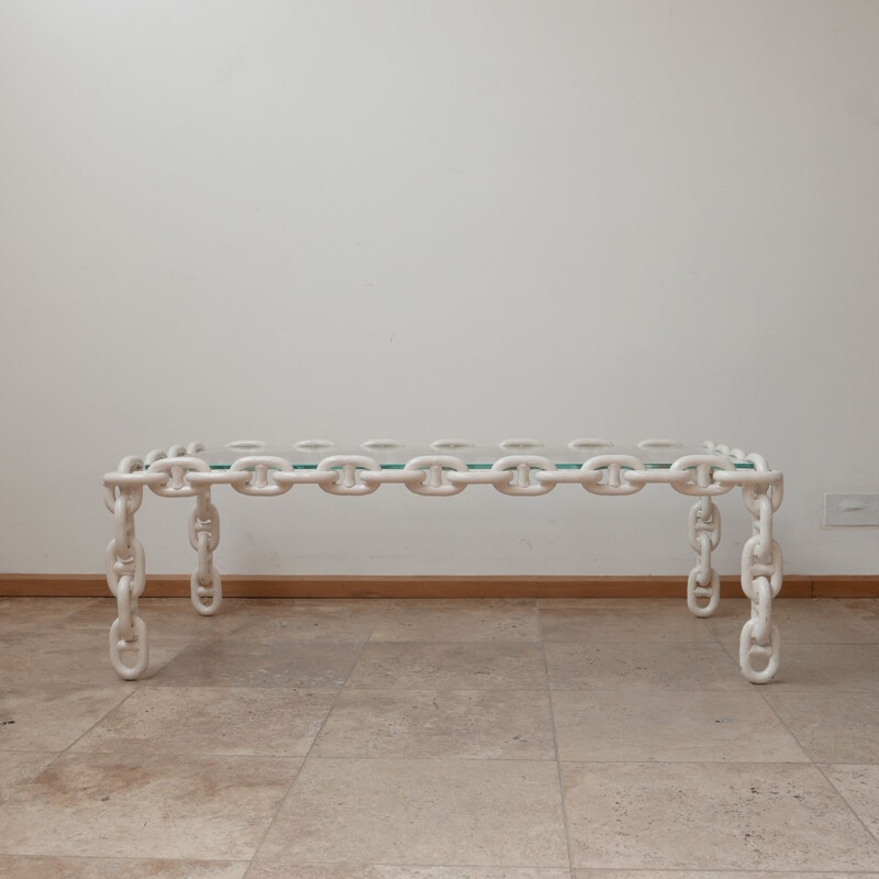 Vintage brutalist coffee table in chain and glass, Belgium 1970