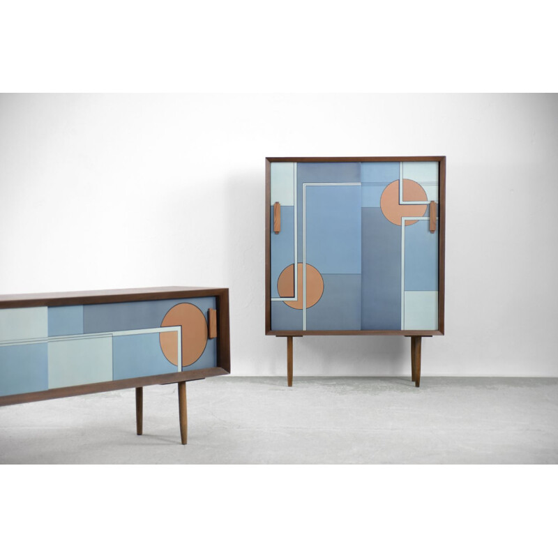 Modern Scandinavian hand painted sliding door sideboard, 1960