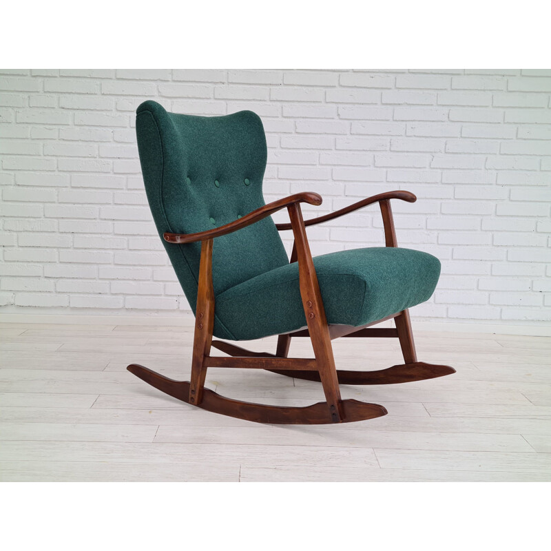 Chaise à bascule danoise vintage en bois de hêtre et tissu de laine vert bouteille, 1950-1960