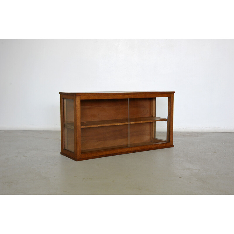 Vintage modernist wall display cabinet in solid oakwood, France 1950