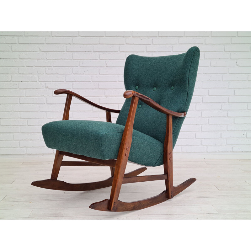 Chaise à bascule danoise vintage en bois de hêtre et tissu de laine vert bouteille, 1950-1960