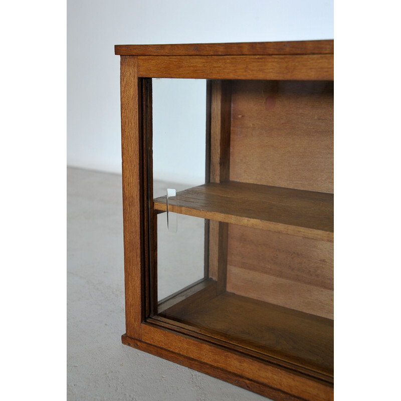 Vintage modernist wall display cabinet in solid oakwood, France 1950