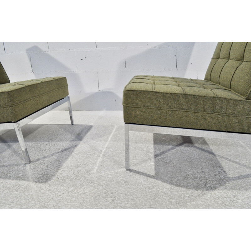 Pair of Knoll low chairs in green fabric and chromed steel, Florence KNOLL - 1960s