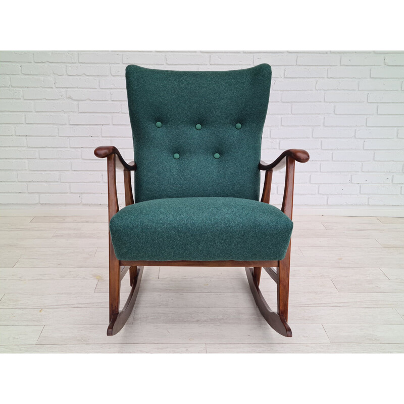 Chaise à bascule danoise vintage en bois de hêtre et tissu de laine vert bouteille, 1950-1960