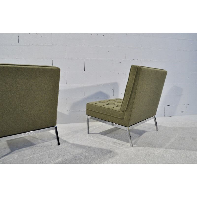 Pair of Knoll low chairs in green fabric and chromed steel, Florence KNOLL - 1960s