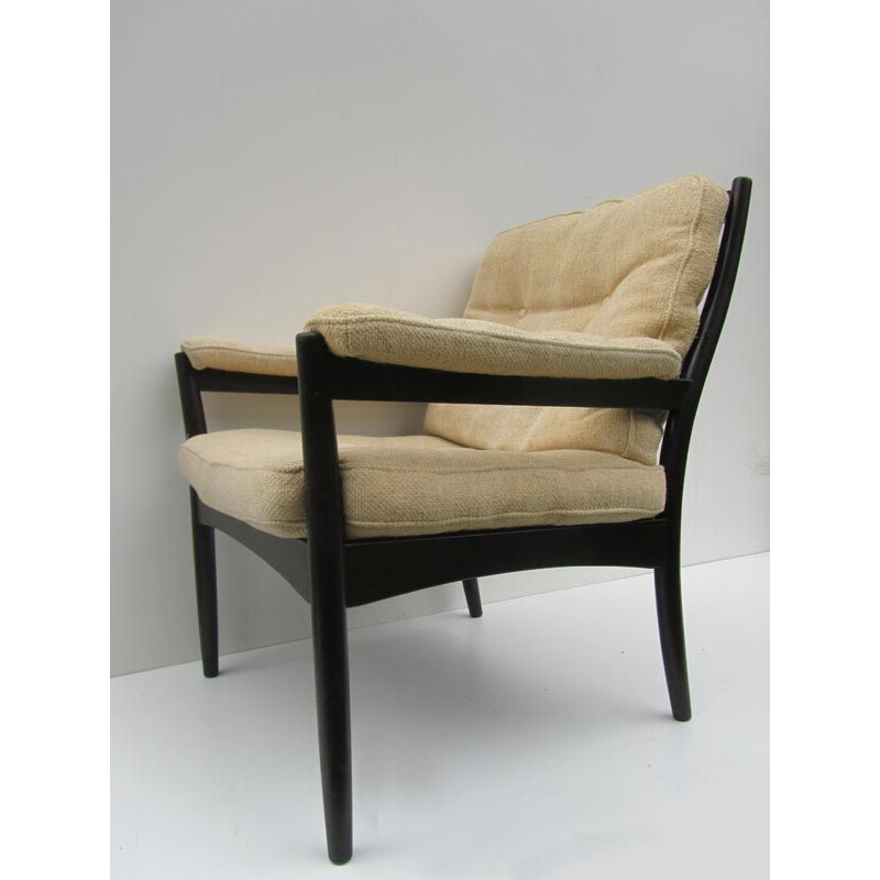 Swedish mid-century armchair in beige fabric and dark walnut - 1970s