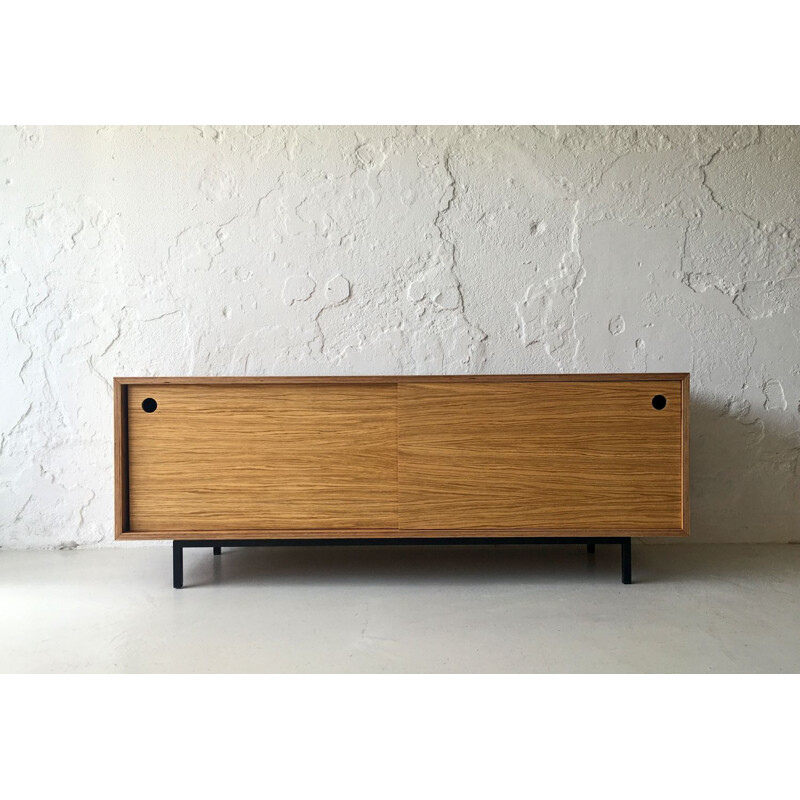 Minimalist vintage oakwood lowboard with sliding doors, 1980s