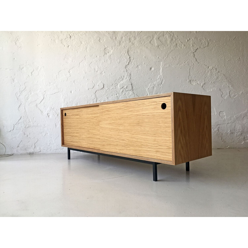 Minimalist vintage oakwood lowboard with sliding doors, 1980s