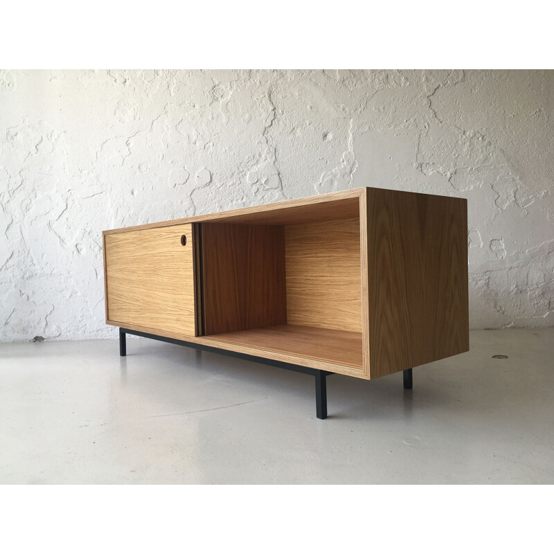 Minimalist vintage oakwood lowboard with sliding doors, 1980s