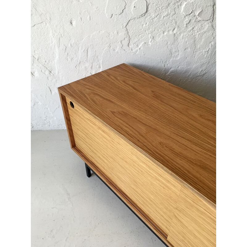 Minimalist vintage oakwood lowboard with sliding doors, 1980s