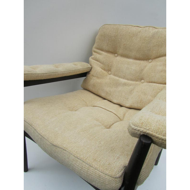 Swedish mid-century armchair in beige fabric and dark walnut - 1970s