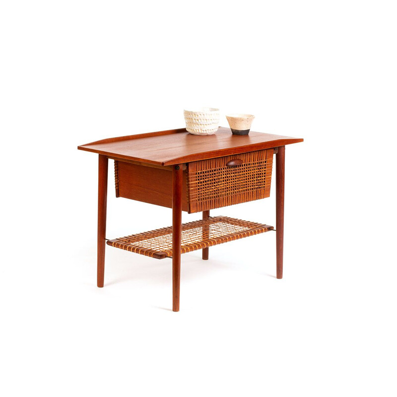 Table d'appoint vintage en teck et rotin, Danemark 1960