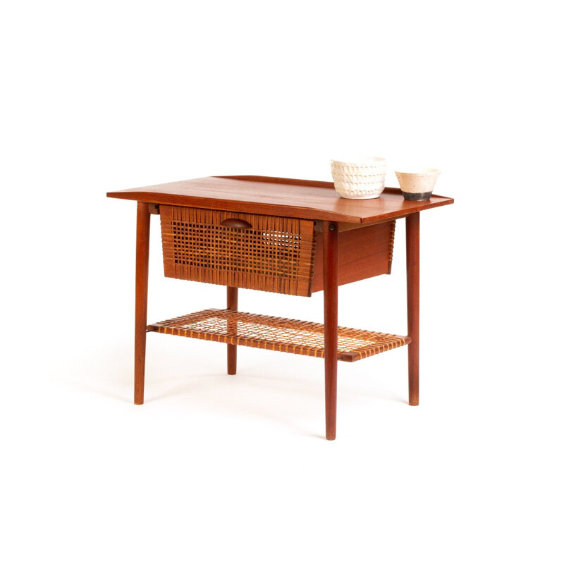 Mid century teak and rattan side table, Denmark 1960s