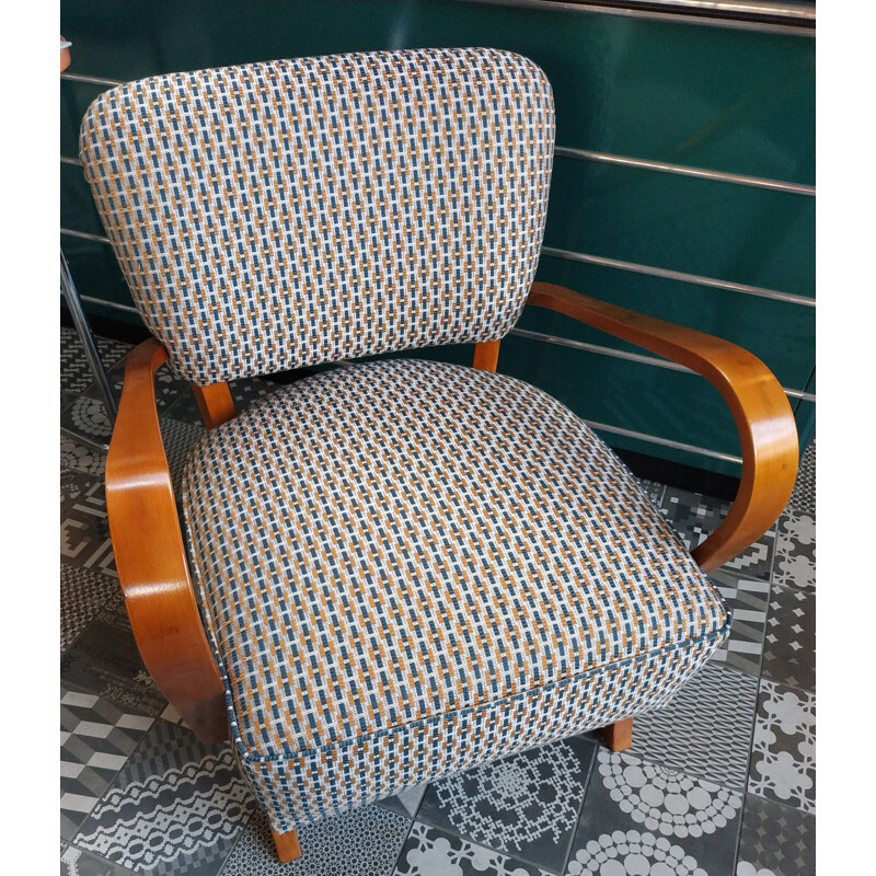 Pair of vintage beechwood and fabric armchairs, Art Deco, Czechoslovakia 1930