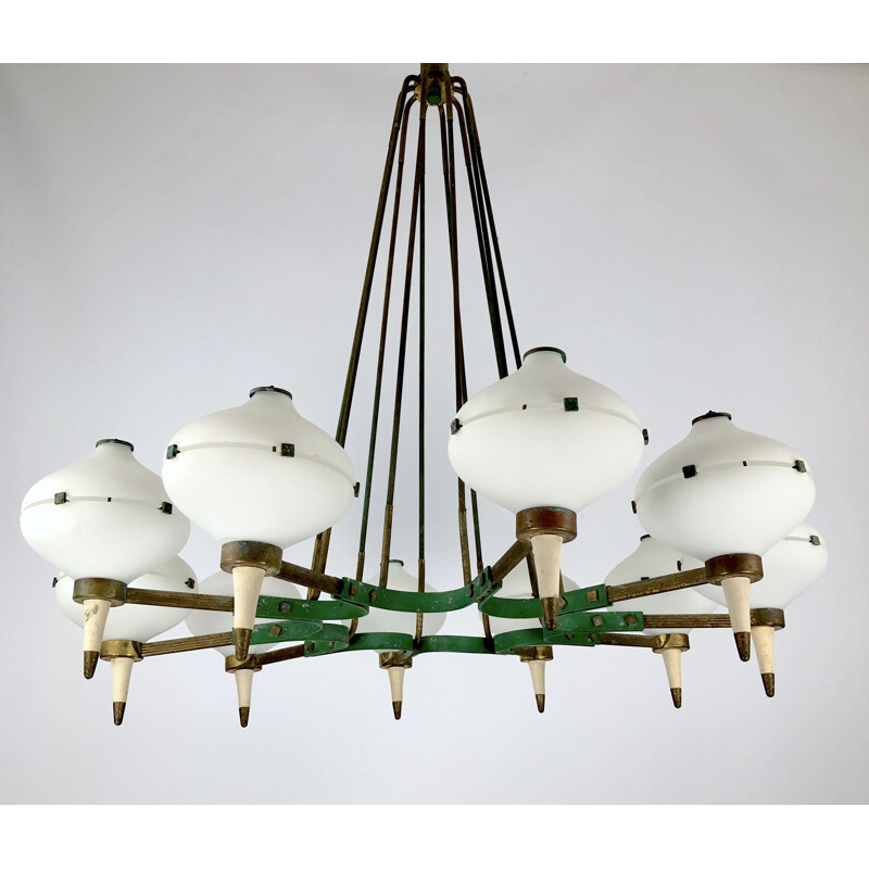 Vintage brass and opal glass chandelier with 10 arms by Stilnovo, Italy 1950