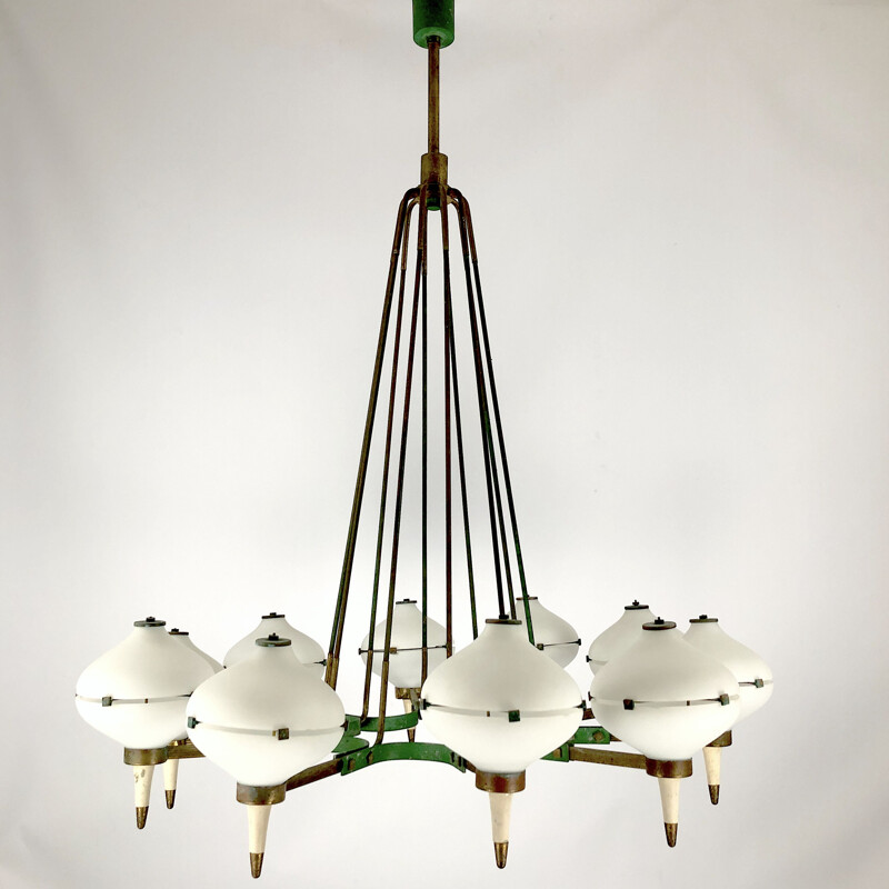 Vintage brass and opal glass chandelier with 10 arms by Stilnovo, Italy 1950