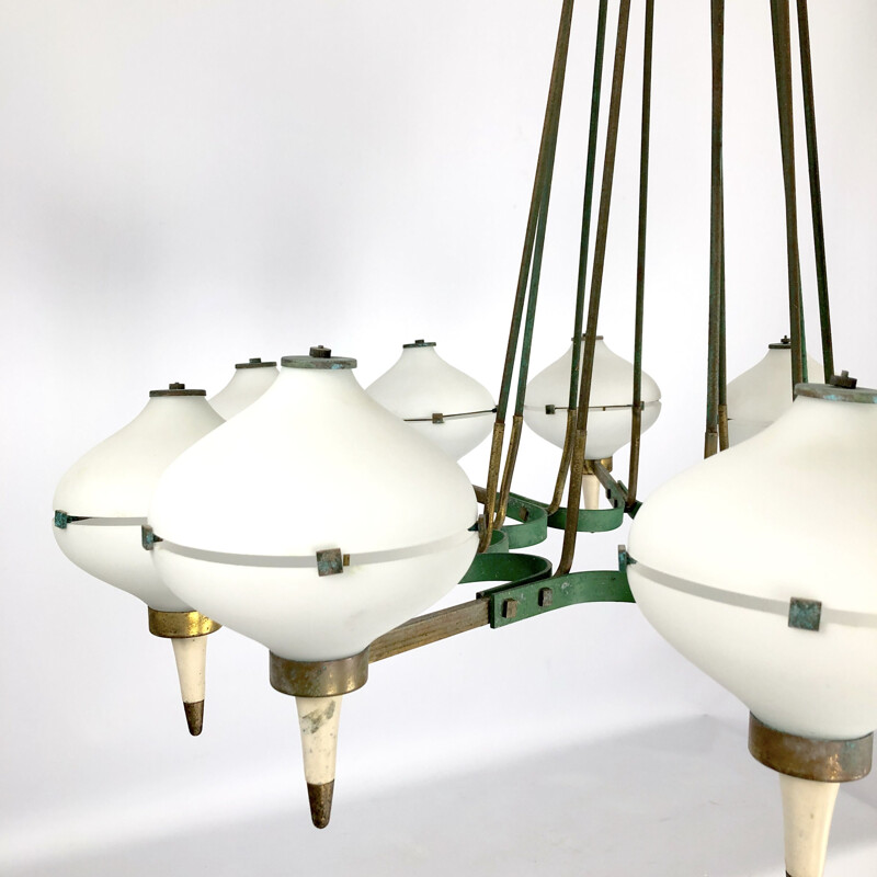 Vintage brass and opal glass chandelier with 10 arms by Stilnovo, Italy 1950