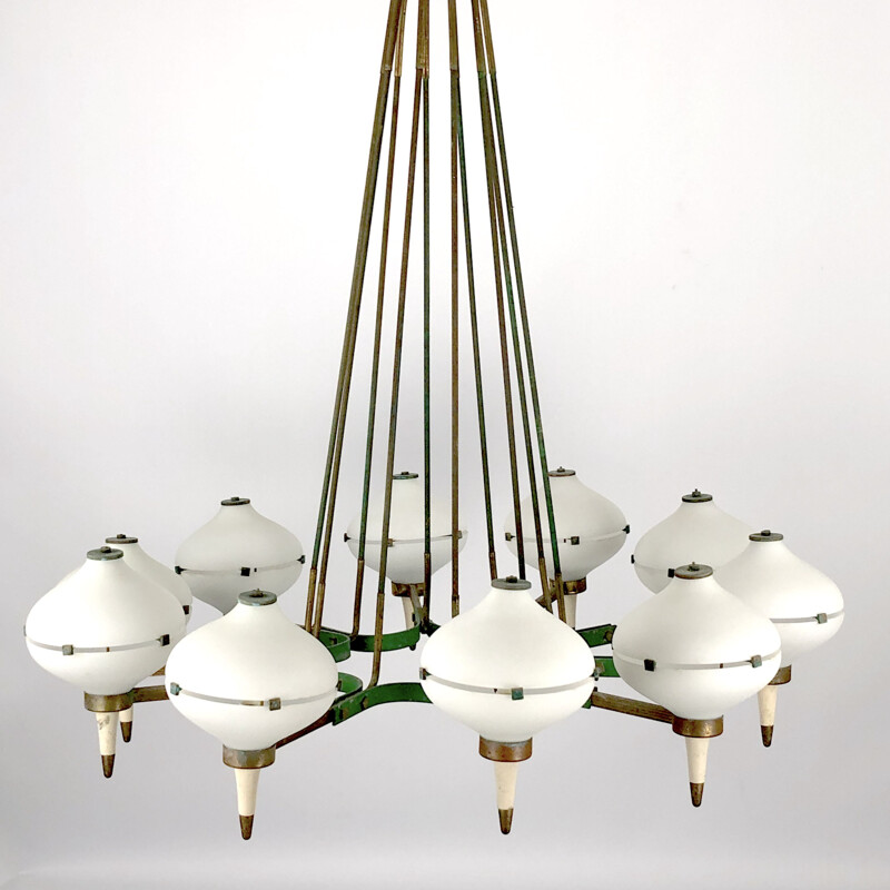 Vintage brass and opal glass chandelier with 10 arms by Stilnovo, Italy 1950