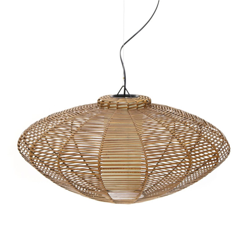 Vintage woven rattan and parchment pendant lamp, 1950