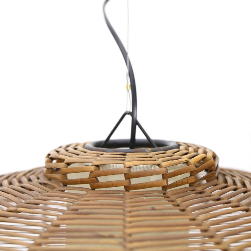 Vintage woven rattan and parchment pendant lamp, 1950