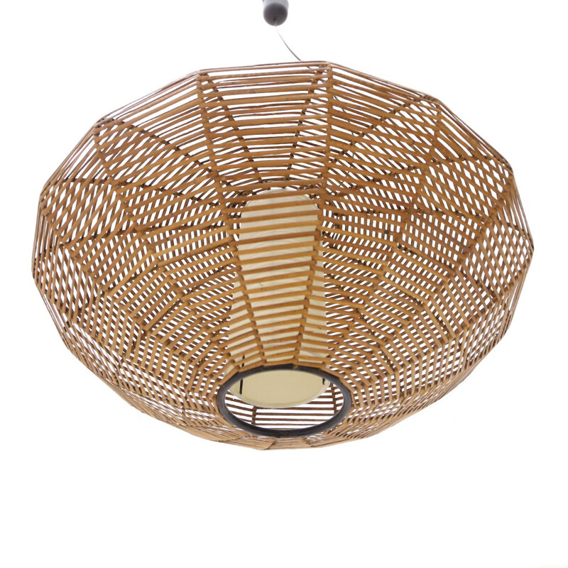 Vintage woven rattan and parchment pendant lamp, 1950