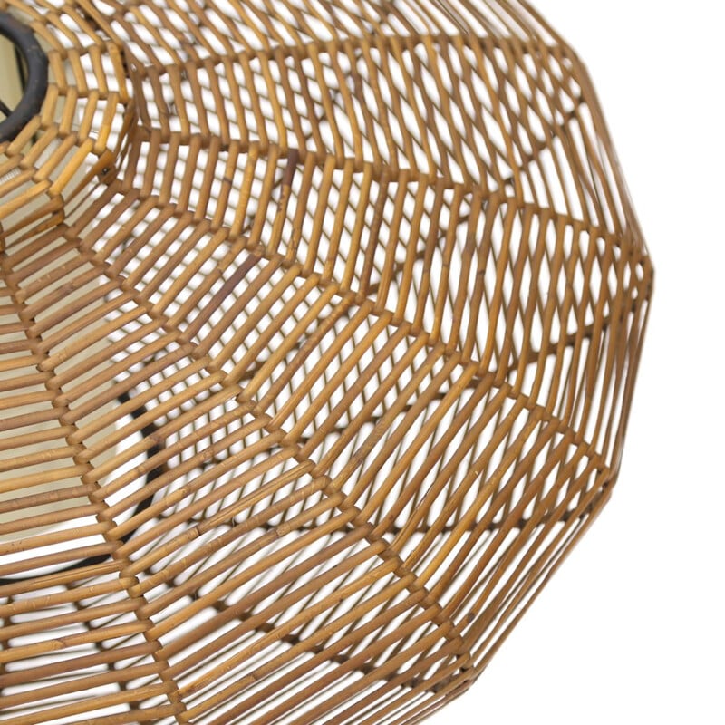 Vintage woven rattan and parchment pendant lamp, 1950