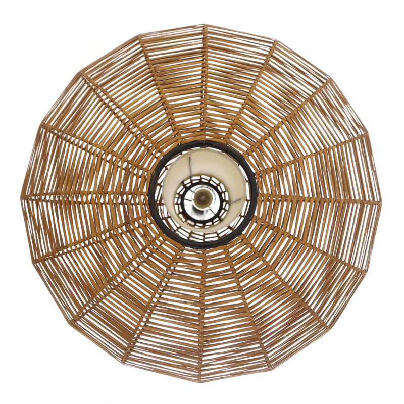 Vintage woven rattan and parchment pendant lamp, 1950