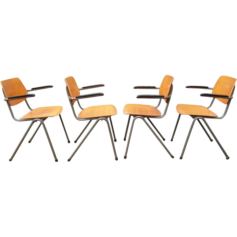 Ensemble de 4 fauteuils d'écoles avec accoudoirs en Bakelite - 1960