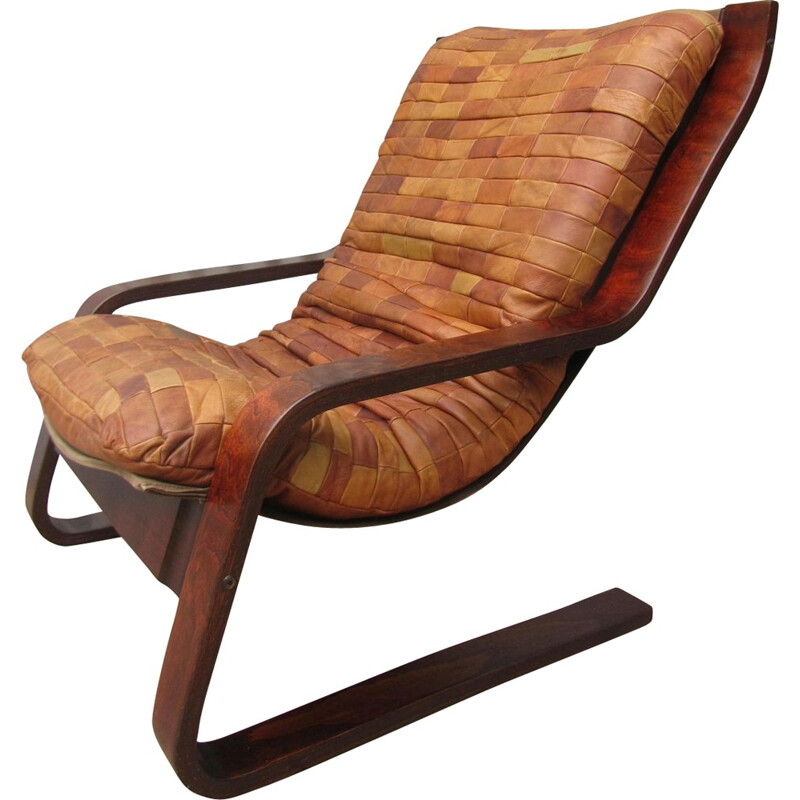 Danish patchwork leather and bentwood Cantilever armchair - 1970s 